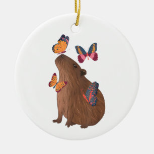 Funny Capybara with Butterfly – Cute Rodent Animal Ceramic Ornament