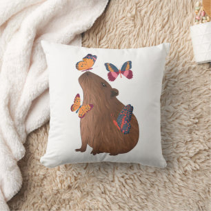 Funny Capybara with Butterfly – Cute Rodent Animal Throw Pillow