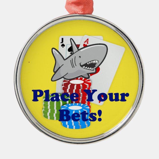 Funny Card Shark Gambling Cartoon with Poker Chips Metal Ornament (Front)