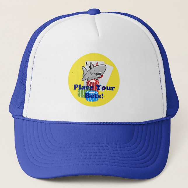 Funny Card Shark Gambling Cartoon with Poker Chips Trucker Hat (Front)