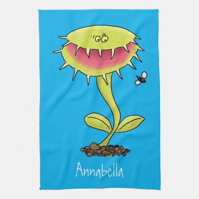 Funny carnivorous Venus fly trap plant cartoon Kitchen Towel (Vertical)