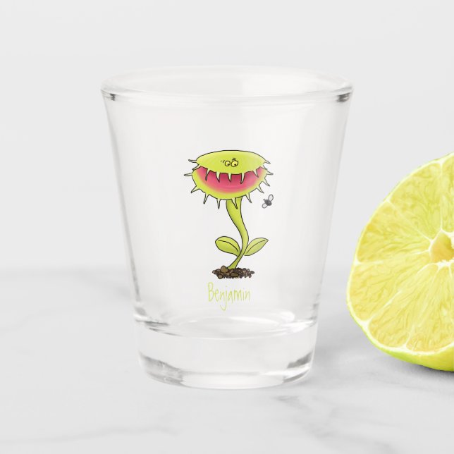 Funny carnivorous Venus fly trap plant cartoon Shot Glass (Front)