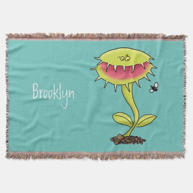 Funny carnivorous Venus fly trap plant cartoon Throw Blanket (Front)