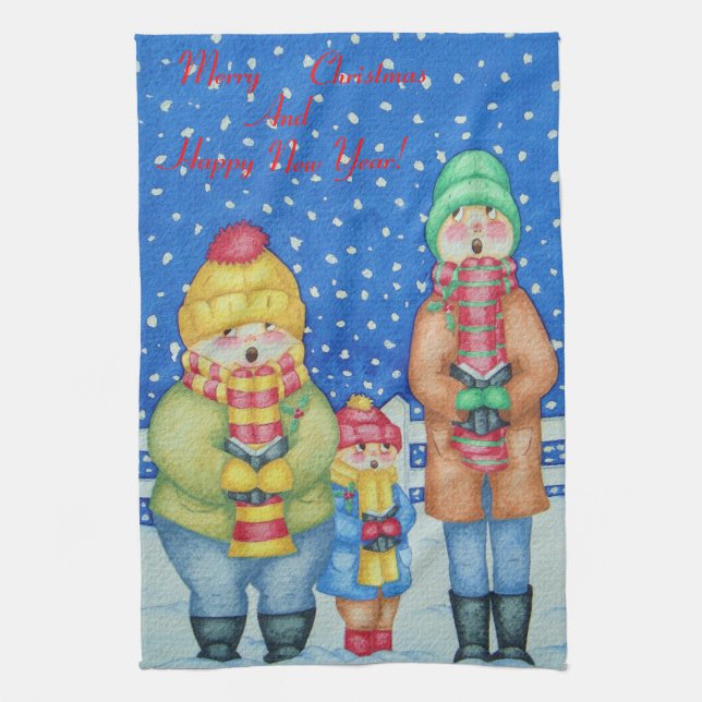 funny carol singers in the snow fun christmas kitchen towel (Vertical)