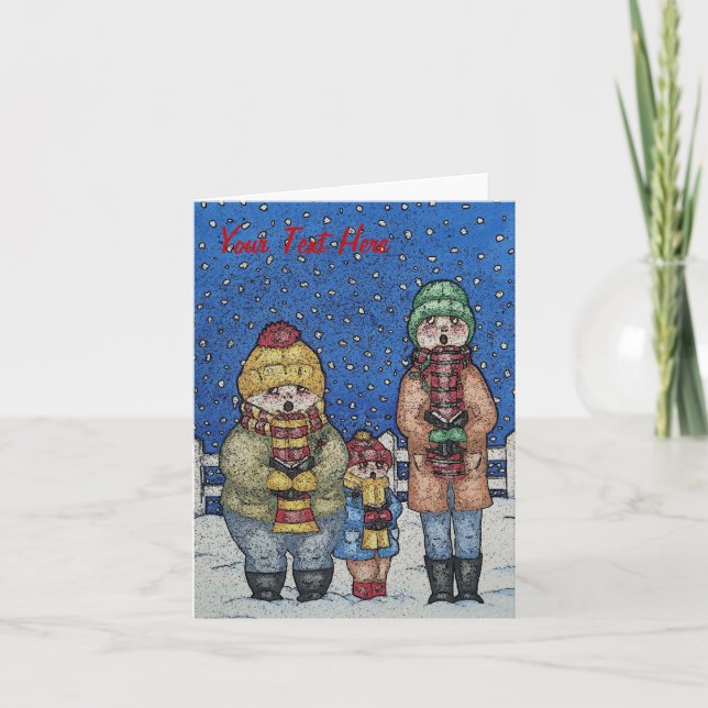 funny carol singers singing snow scene christmas holiday card (Front)