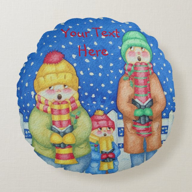 funny carol singers snow scene at christmas round pillow (Front)