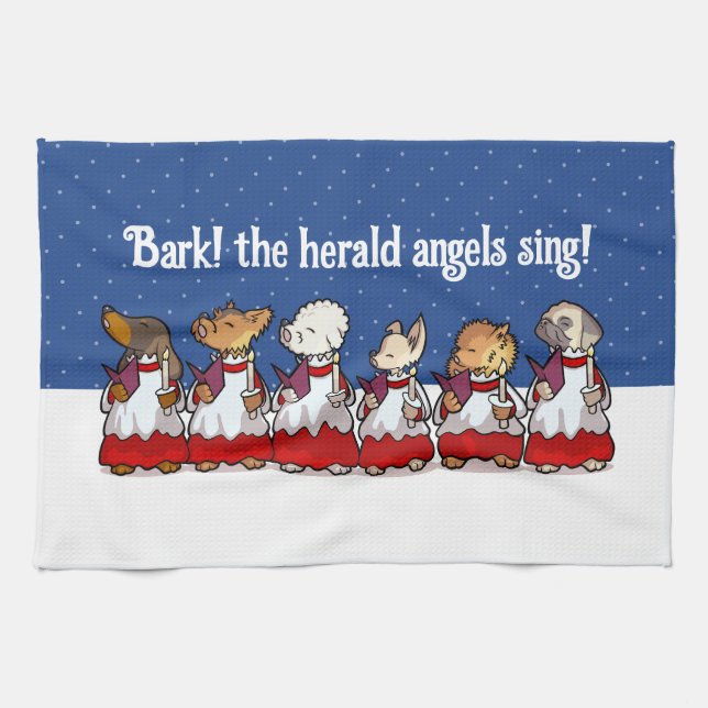 Funny Carol Singing Dogs Christmas Pug Pomeranian Kitchen Towel (Horizontal)