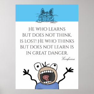 Funny Cartoon And Cat Learning  Poster