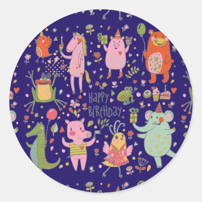 Funny Cartoon Animals Sing Happy Birthday   Classic Round Sticker (Front)