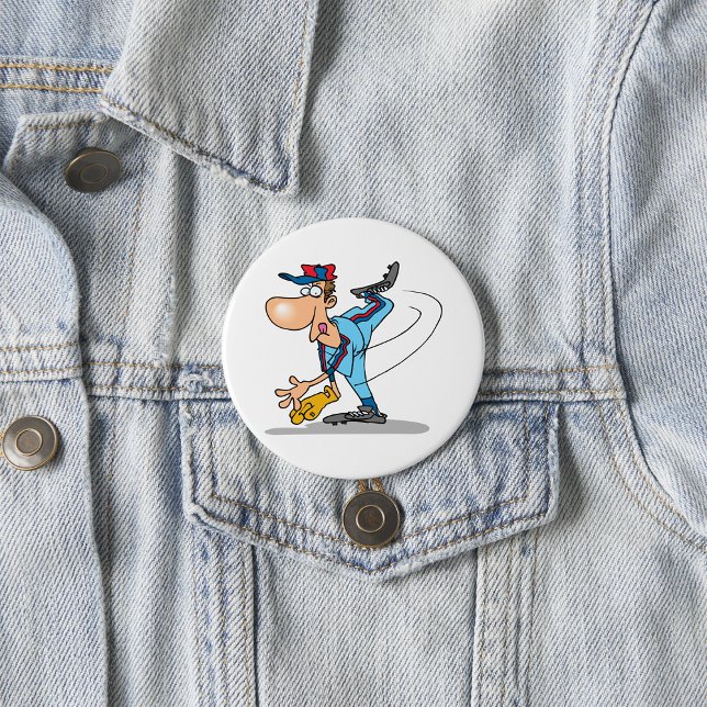 Funny Cartoon Baseball Pitcher Throwing a Fastball 3 Inch Round Button (Creator Uploaded)