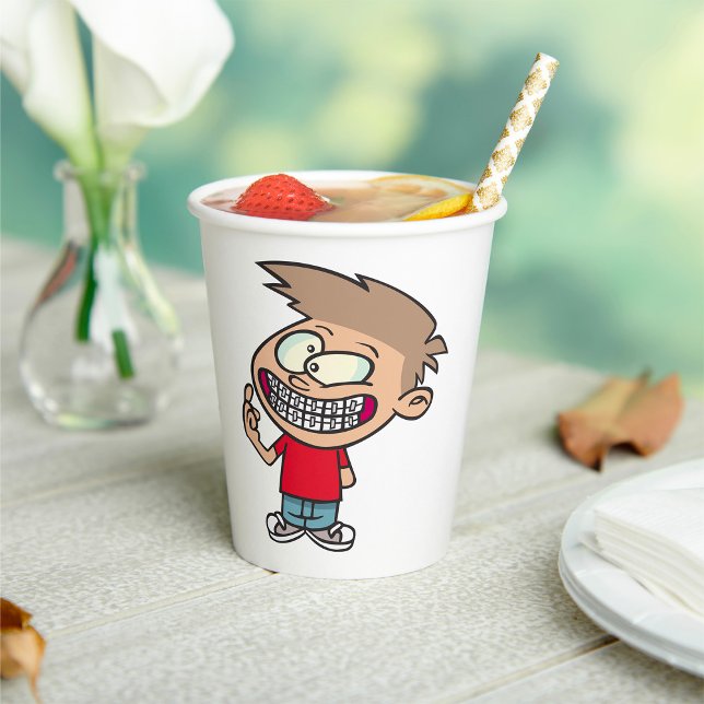 Funny Cartoon Boy with Braces Smile Paper Cups (Creator Uploaded)