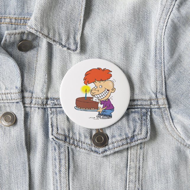 Funny Cartoon Boy with Chocolate Birthday Cake 3 Inch Round Button (Creator Uploaded)