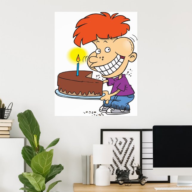 Funny Cartoon Boy with Chocolate Birthday Cake Poster (Creator Uploaded)