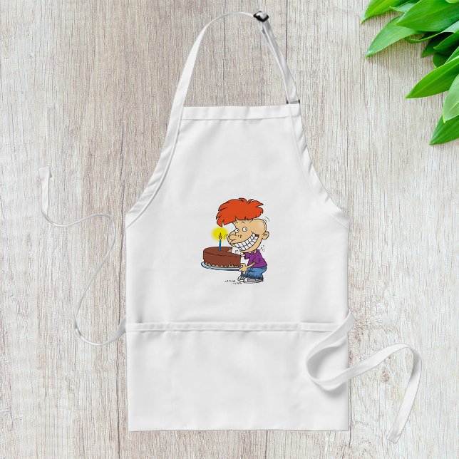 Funny Cartoon Boy with Chocolate Birthday Cake Standard Apron (Creator Uploaded)