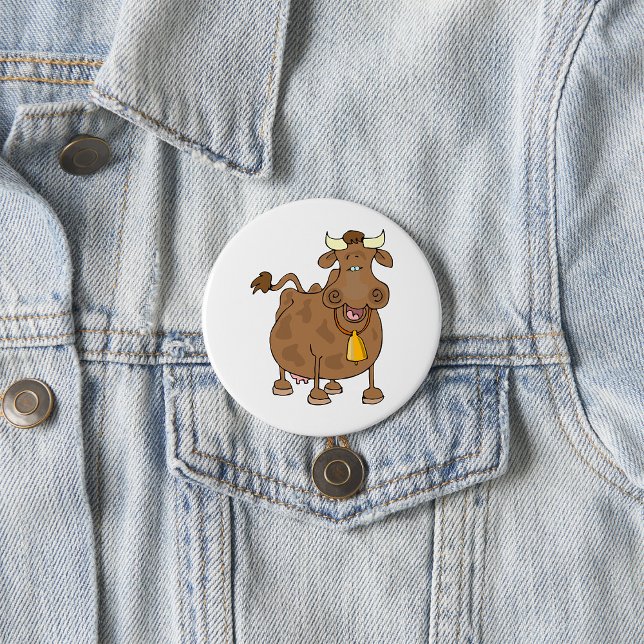 Funny Cartoon Brown Cow with Bell Farm Animal  3 Inch Round Button (Creator Uploaded)