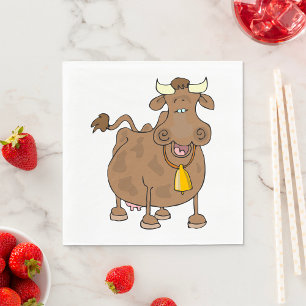 Funny Cartoon Brown Cow with Bell Farm Animal  Napkin