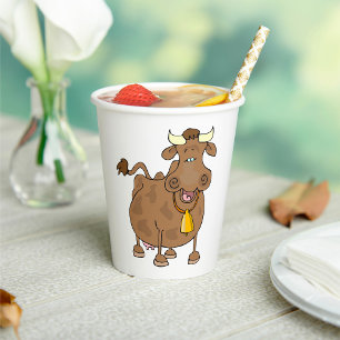 Funny Cartoon Brown Cow with Bell Farm Animal Paper Cups