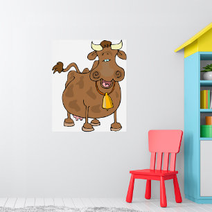 Funny Cartoon Brown Cow with Bell Farm Animal  Poster