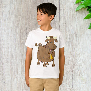 Funny Cartoon Brown Cow with Bell Farm Animal  T-Shirt