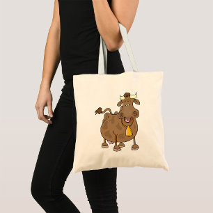 Funny Cartoon Brown Cow with Bell Farm Animal  Tote Bag