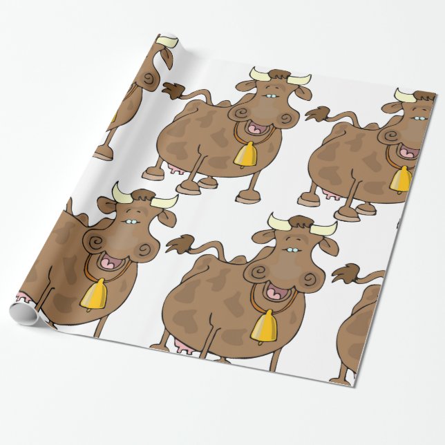 Funny Cartoon Brown Cow with Bell Farm Animal  Wrapping Paper (Unrolled)