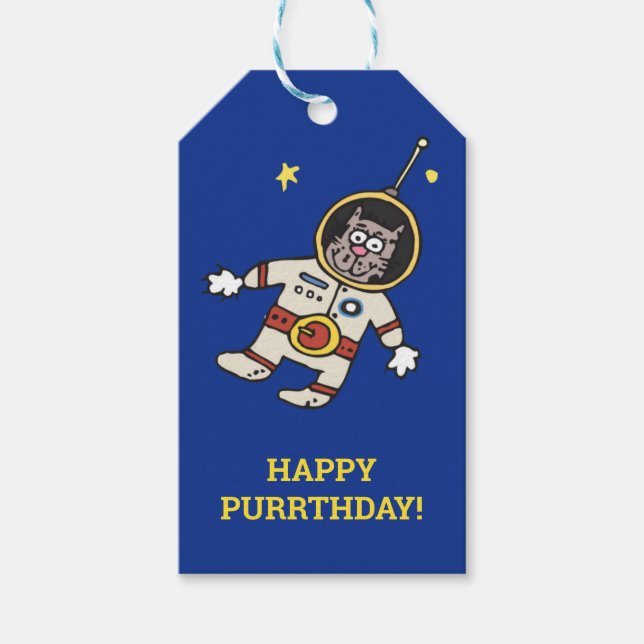 Funny Cartoon Cat Astronaut Gift Tags (Front)