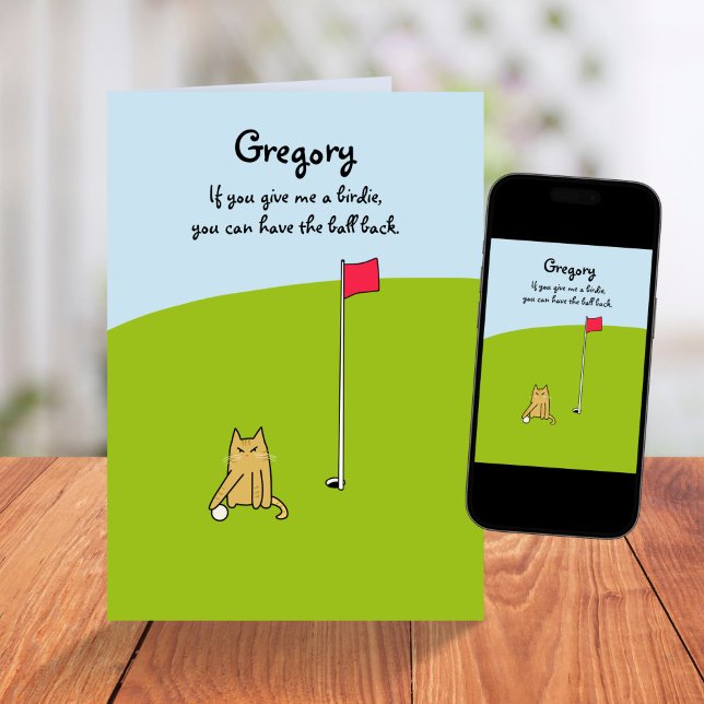 Funny Cartoon Cat Birdie Golf Joke Birthday  Card (Creator Uploaded)