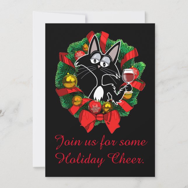 Funny Cartoon Cat in a  wreath with wine Christmas Invitation (Front)