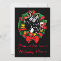 Funny Cartoon Cat in a  wreath with wine Christmas