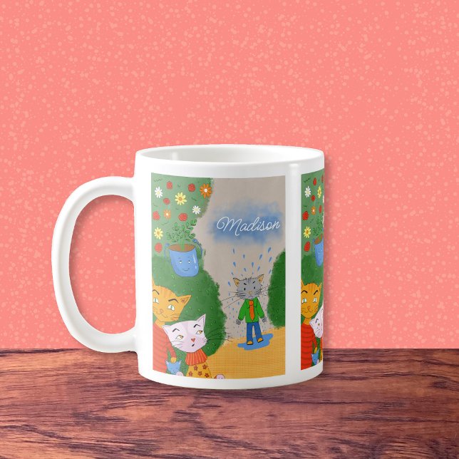 Funny Cartoon Cats Coffee Mug with Name (Whimsical cartoon cats mug with name . )