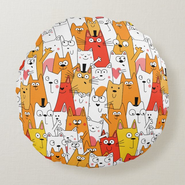 Funny Cartoon Cats Group Doodle Round Pillow (Front)