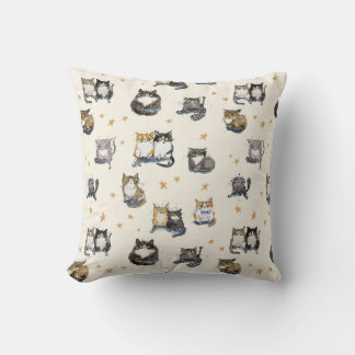Funny cartoon Cats & stars on cream, cat patterned Throw Pillow