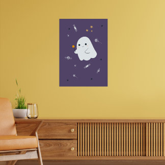 Funny cartoon cats with brooms, pumpkins and ghost poster