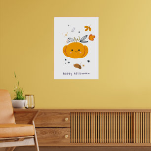 Funny cartoon cats with brooms, pumpkins and ghost poster