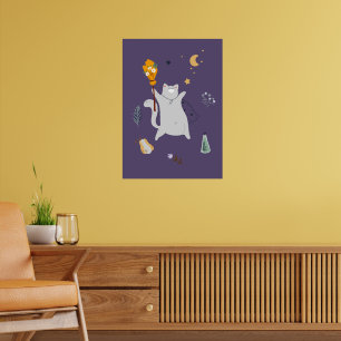 Funny cartoon cats with brooms, pumpkins and ghost poster