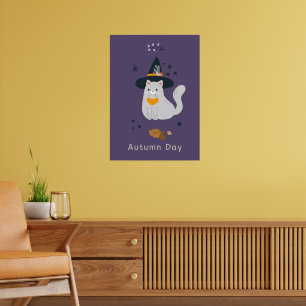 Funny cartoon cats with brooms, pumpkins and ghost poster