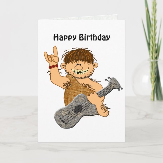 Funny Cartoon Caveman with Guitar Card Template (Front)