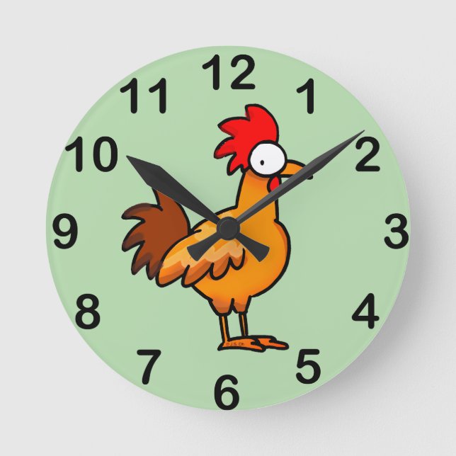 Funny Cartoon Chicken Illustration Round Clock (Front)
