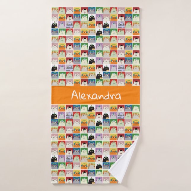 Funny Cartoon Collage Cats Modern Orange Monogram Bath Towel (Bath Towel)