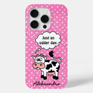 Funny Cartoon Cow Pink Polka Dot Personalized iPhone 15 Pro Case