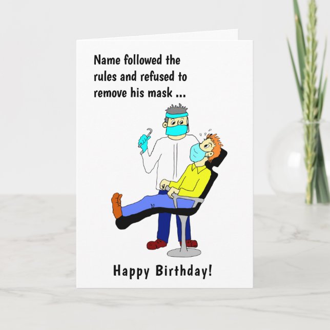 Funny Cartoon Dentist Face Mask Male Birthday Card (Front)