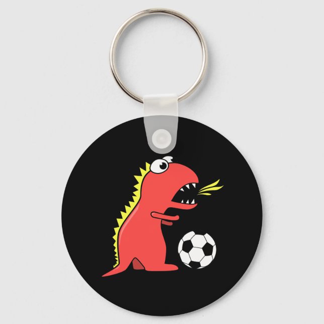 Funny Cartoon Dinosaur Playing Soccer Black Keychain (Front)