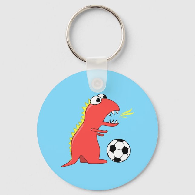 Funny Cartoon Dinosaur Playing Soccer Keychain (Front)