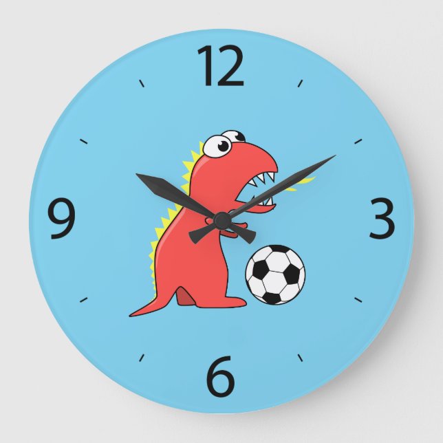 Funny Cartoon Dinosaur Soccer Kids Large Clock (Front)