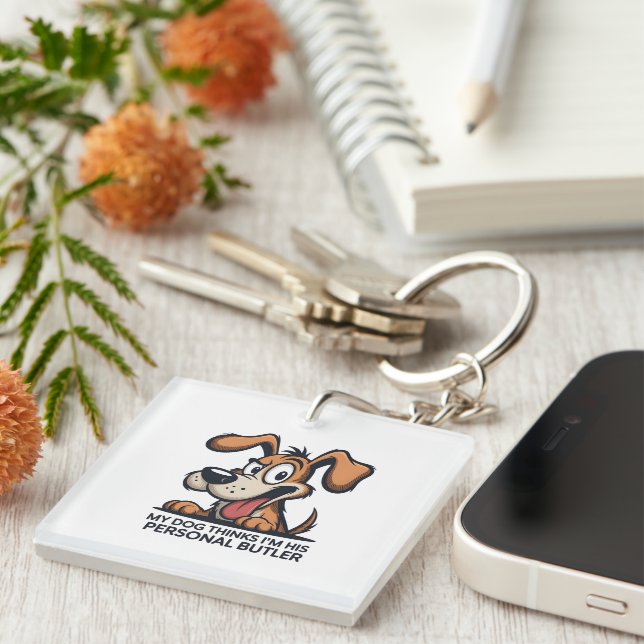 Funny Cartoon Dog Butler Quote Keychain (Front Right)