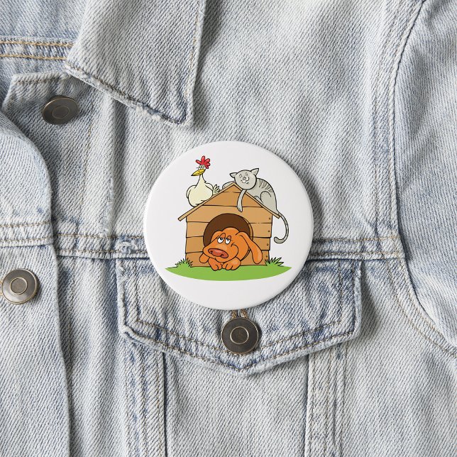 Funny Cartoon Dog Cat and Chicken on Doghouse  3 Inch Round Button (Creator Uploaded)
