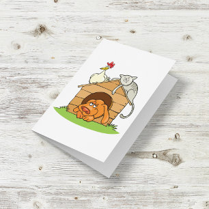 Funny Cartoon Dog Cat and Chicken on Doghouse  Card