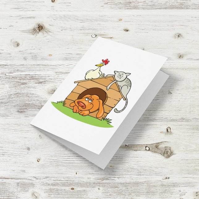 Funny Cartoon Dog Cat and Chicken on Doghouse  Card (Creator Uploaded)