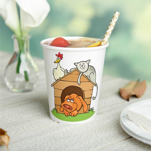 Funny Cartoon Dog Cat and Chicken on Doghouse  Paper Cups (Creator Uploaded)