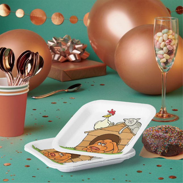 Funny Cartoon Dog Cat and Chicken on Doghouse  Paper Plate (Creator Uploaded)